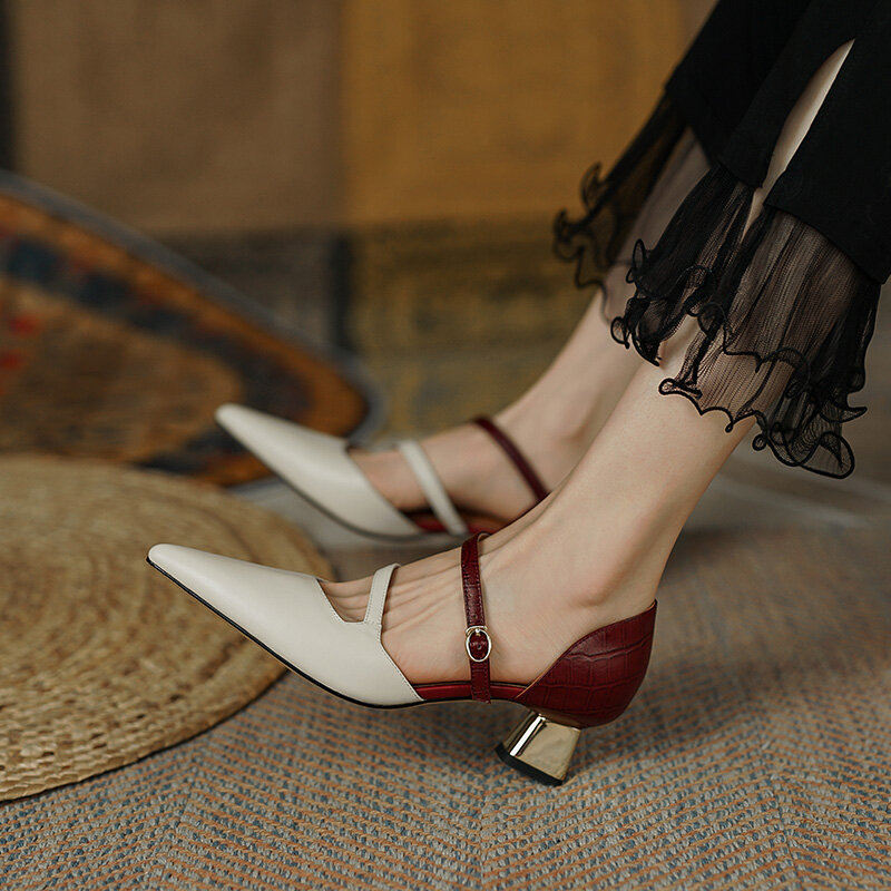 Sandalias de piel de vaca de leather22-24.5cm natural para mujer, zapatos con estampado de piedra en relieve, punta estrecha, cuero completo, verano, 2022