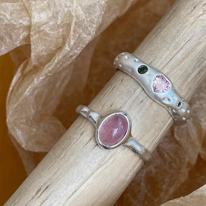 Cincin batu merah muda Retro sederhana perak Sterling 925 untuk wanita mode geometris Smiple hadiah perhiasan pesta alergi buatan tangan terbuka