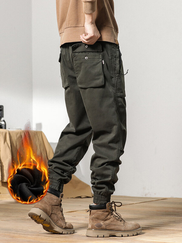 Winter Men's Cargo Pants 2022 New Multi-Pockets Thick Warm Fleece Trousers Male Streetwear Slim Casual Cotton Thermal Joggers