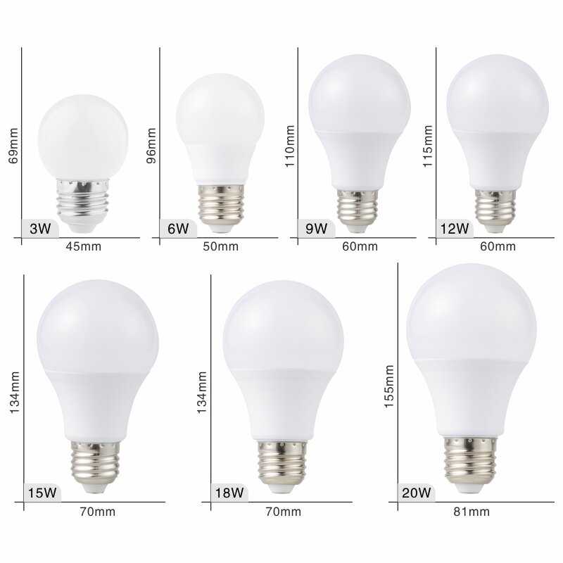 Bombilla LED E27 E14 de 2 piezas, 3W, 6W, 9W, 12W, 15W, 18W, 20W, CA 220V-240V, foco para lámpara