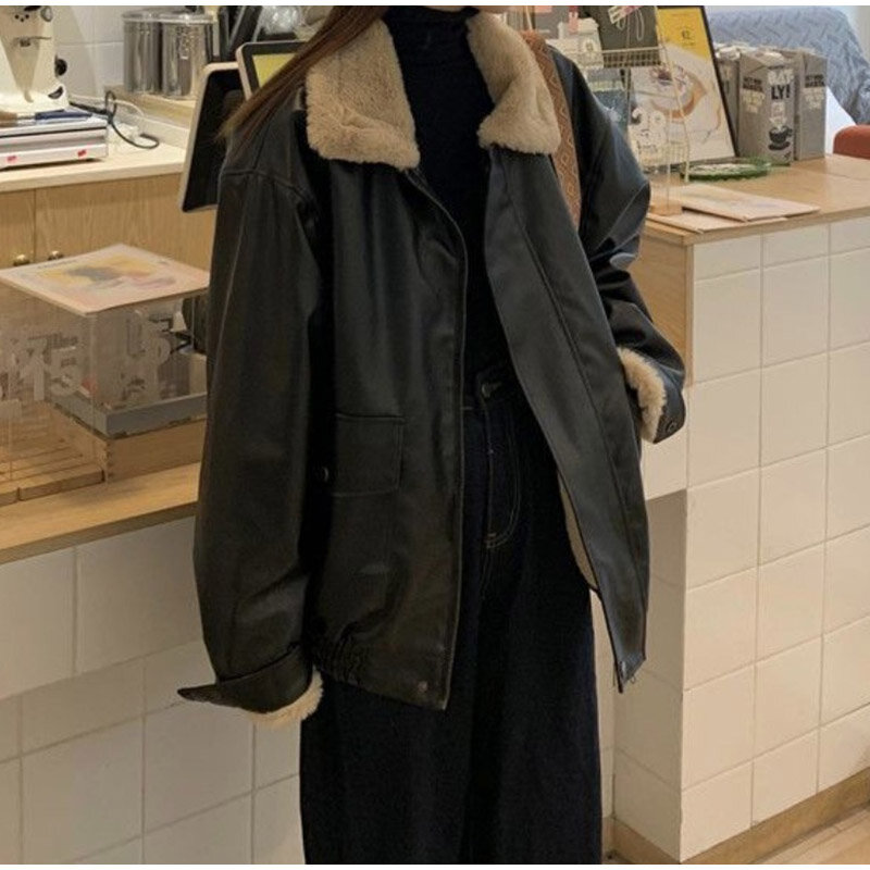 Giacca addensata in pelle donna soffice colletto rovesciato manica lunga cappotto femminile 2023 autunno inverno strada sciolto Moto Biker Outwear
