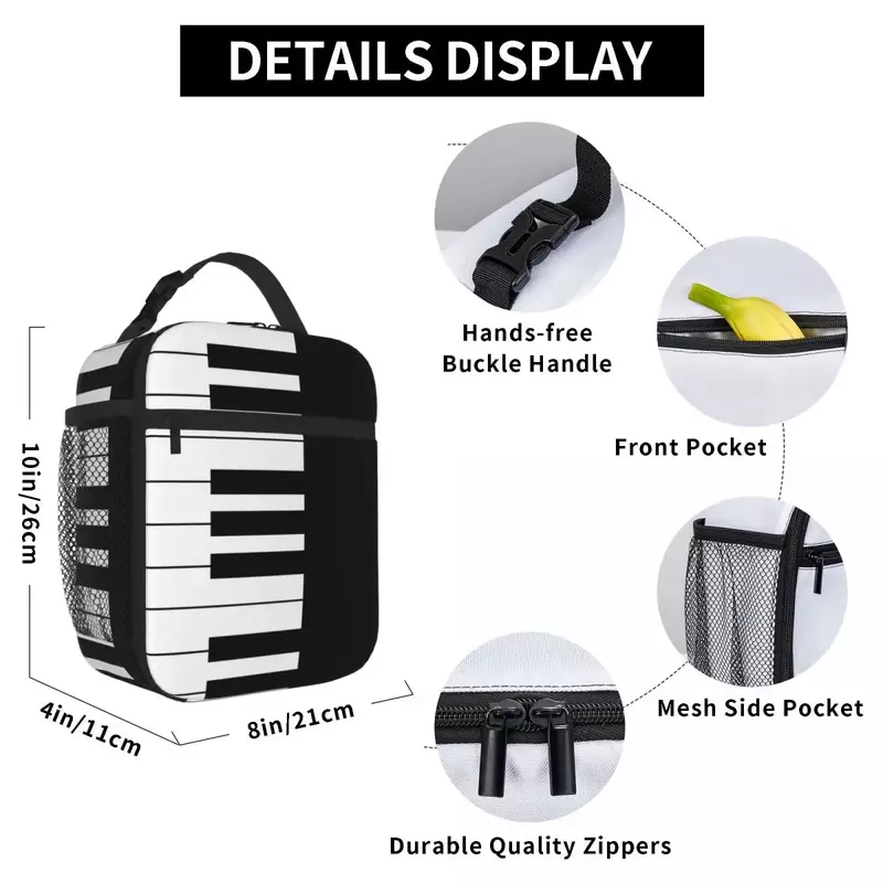 女性用の再利用可能なピアノキー断熱ランチバッグ,ピクニックバッグ,サーマルクーラー,ランチボックス,学校用