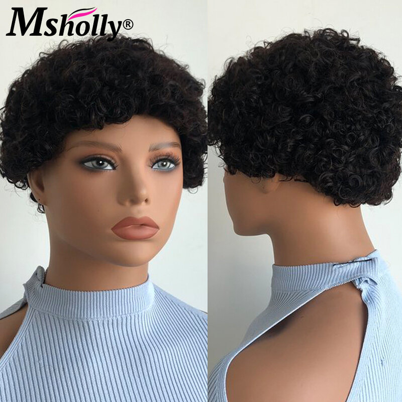 Peluca Bob corta rizada Afro para mujer, cabello humano brasileño sin pegamento, corte Pixie, hecho a máquina