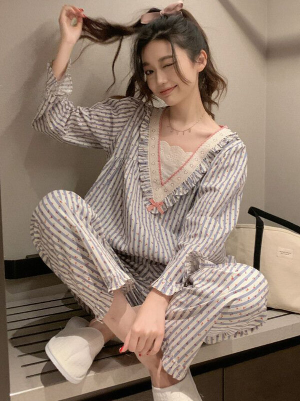 Gestreifter Pyjama setzt Frauen V-Ausschnitt Herbst zarte Rüschen süße Heims tu denten koreanischen Stil Langarm Nachtwäsche lässig All-Match