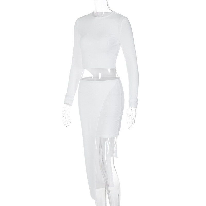Женский комплект из двух предметов, Однотонная юбка в рубчик с круглым вырезом и длинным рукавом, укороченный топ, асимметричное облегающее платье, костюмы, повседневная одежда, осень 2023