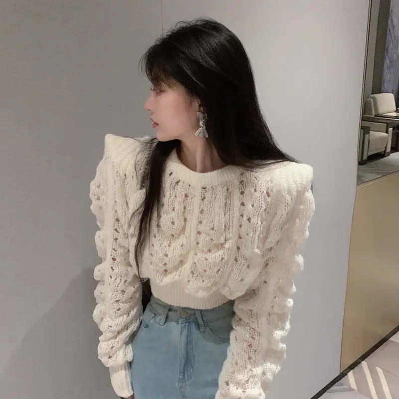 Cropped Thin Cutout Puff Sleeve White Twist Sweaters for Women 2023 Knitted Top Sueters Mujer Jumper Pullover Shirts Sweater