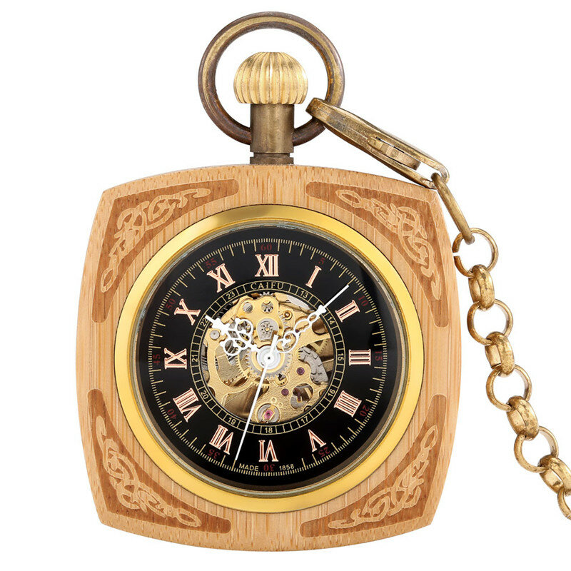 Relógio de bolso de madeira antigo para homens e mulheres, relógios mecânicos automáticos, relógio esqueleto de bambu, corrente pendente, colecionável