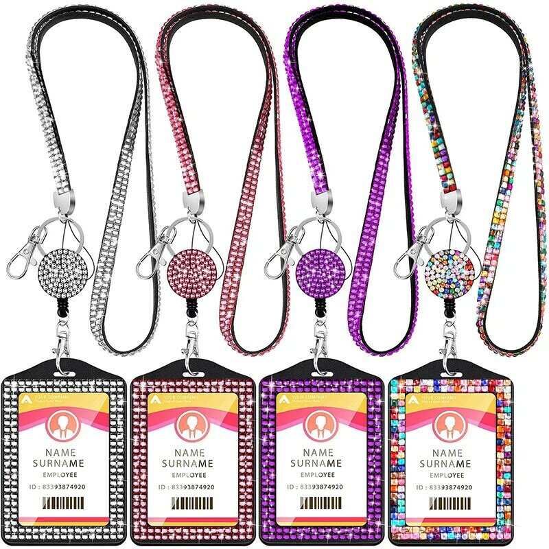 Badge Reel Card Cover Rhinestone Badge Holder Crystal Retractable Lanyards Work Card Case ID Name Badges Protector Case