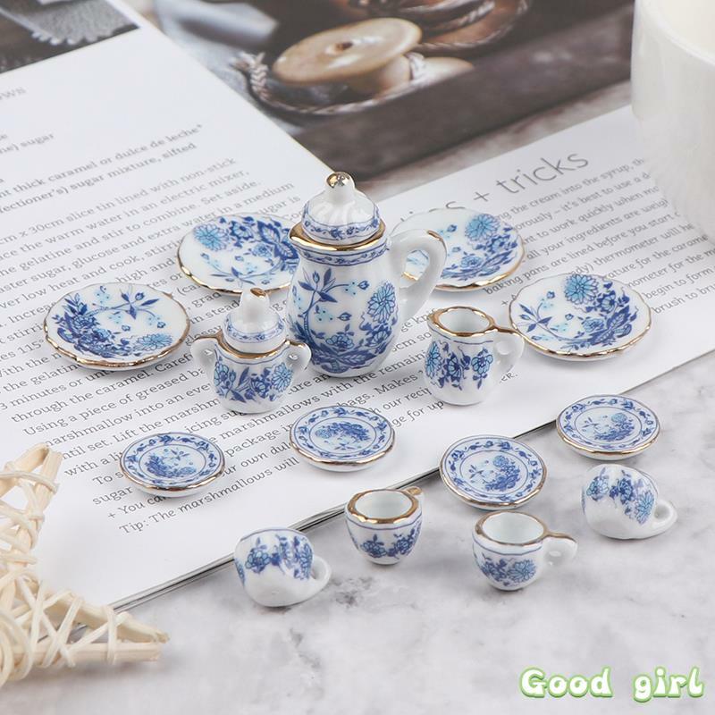 15 pçs 1:12 miniatura porcelana xícara de chá conjunto flor utensílios de mesa cozinha casa de bonecas móveis brinquedos para crianças copos de chá casa de bonecas