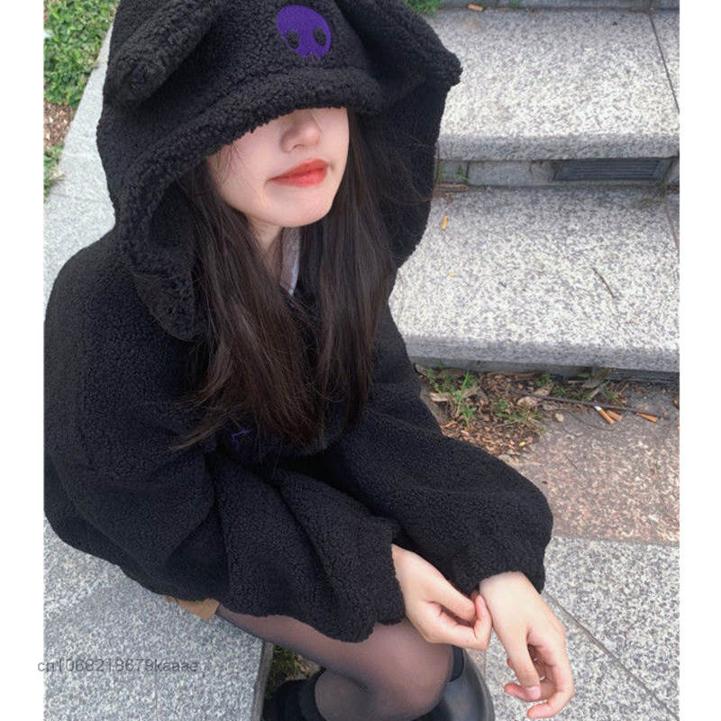 Sanrio Cartoon Kuromi Clothes donna felpe con ricamo nero Y2k estetica top autunno cappotto sottile moda femminile felpa allentata