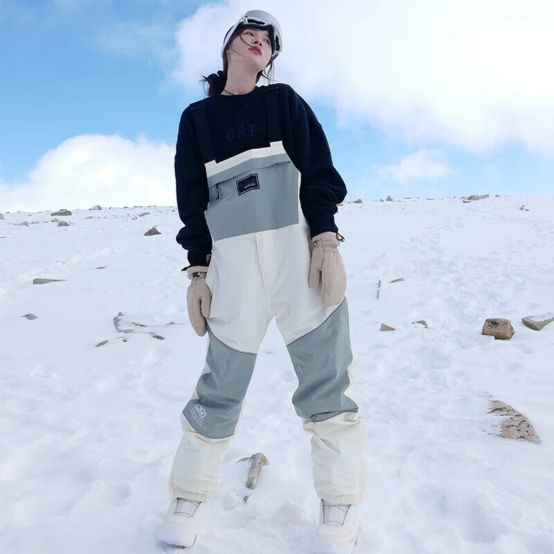 LDSKI Ski Bibs Retro WomenMen Waterproof Thermal Insulated Reflective Fleece Lining Pants Winter Snow Ripstop Snowboard Trousers