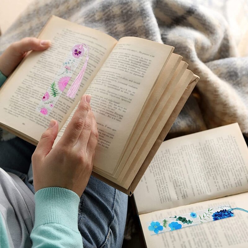 Marcapáginas acrílicos flores coloridas, marcador página Floral transparente, marcadores libro con borlas para lector y