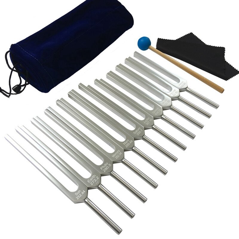 Set garpu Tuning, 11 garpu Tuning untuk penyembuhan, terapi suara, dengan palu silikon kain pembersih dan tas