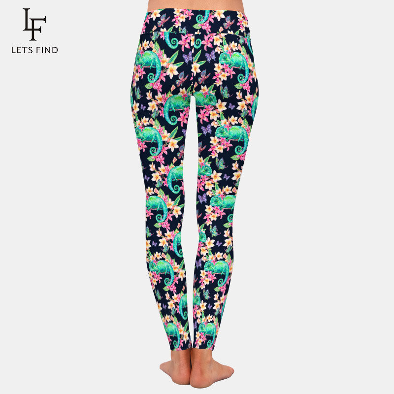 Letsfind moda camaleão verde e borboletas impressão digital leggings feminino cintura alta confortável leggings de fitness