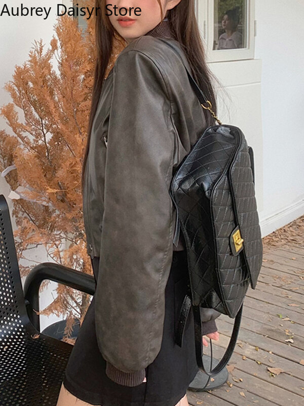 Укороченная кожаная куртка в Корейском стиле, Женская Осенняя уличная одежда, Байкерская кожаная куртка на молнии, Повседневная Уличная кожаная куртка, новинка 2023