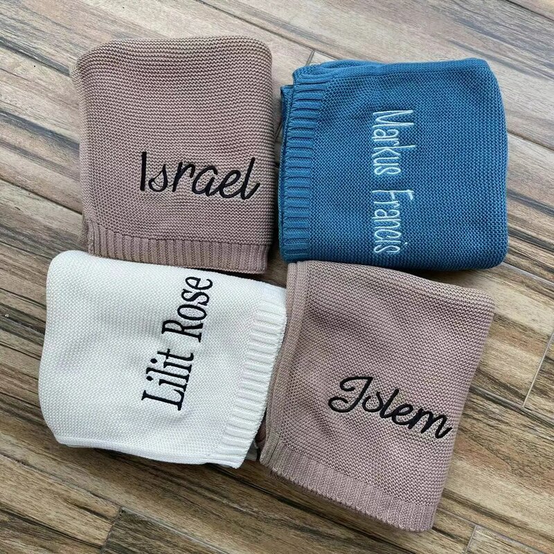 Custom Name Knitted Blanket Baby's Embroidered Name Nursery Stroller Blanket Personalized Newborn Boys Girls Baby Shower Gifts