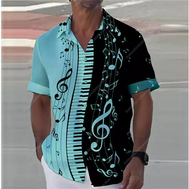Letnia koszula męska nuty fortepianowa z nadrukiem 3D moda uliczna XS-5XL koszula z klapą z krótkim rękawem