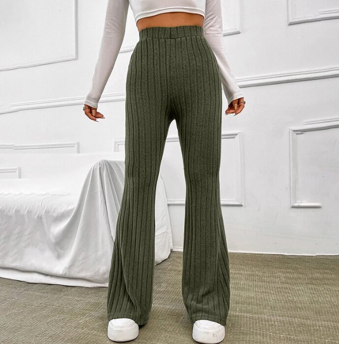 Celana panjang modis 2024 wanita pinggang sedang warna Solid celana kasual garis lubang lebar serbaguna celana kaki lebar harian berpergian