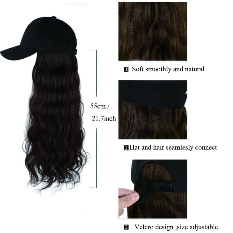 Onepiece gorra de béisbol con extensión de cabello, peinado rizado ondulado, peluca sintética ajustable, sombrero con cabello para mujer y niña, uso diario