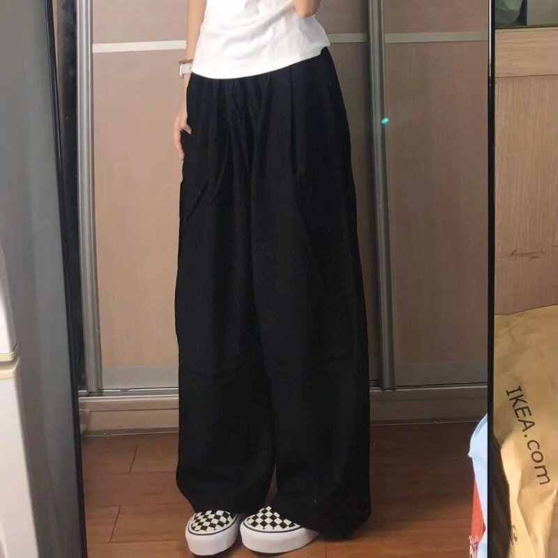 Deeptown-pantalones negros de gran tamaño para mujer, pantalón holgado de pierna ancha, estilo Harajuku, Vintage, informal, Jogging, coreano, Y2k, moda de verano
