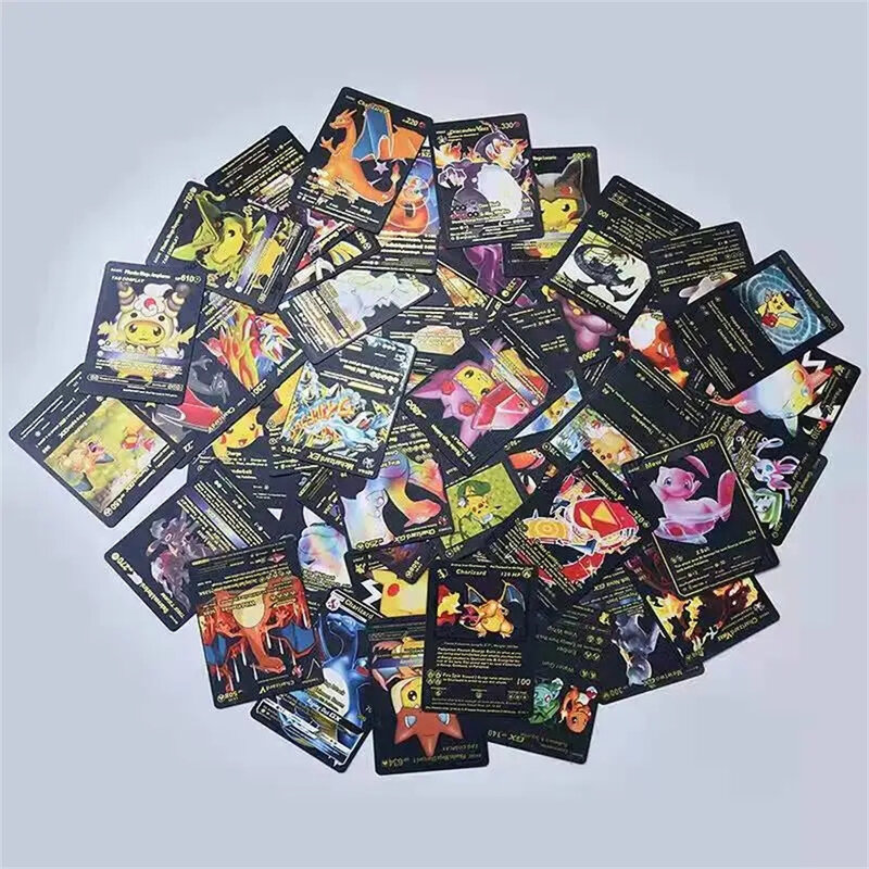 27-55 buah kartu Pokemon Pikachu emas perak hitam warna-warni Vmax GX Vstar Inggris Spanyol Perancis Jerman koleksi kartu mainan hadiah