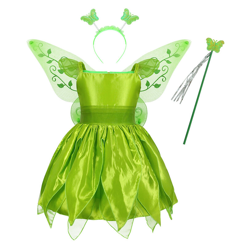 Disney Tinker Bell Dress for Girl Green Puff Costume Children Fansy Cosplay Ball Gown Party Carnival Dress Up Outfit Kid Vestido