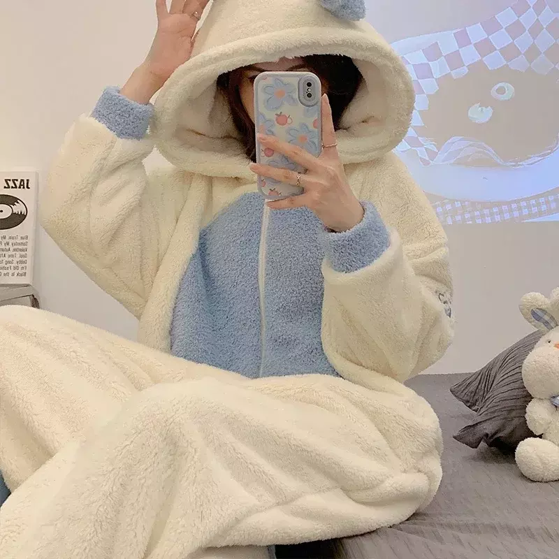 Musim dingin dewasa Kigurumis wanita Pijama Onesie jumpsuit kartun baju tidur piyama tebal Hoodie Korea gadis santai pakaian piyama