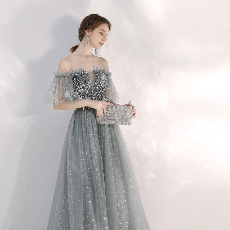 New Summer Dress Female Toast Dress Silver Gray One-Shoulder Long Skirt To Host The Fairy Temperament Dinner Annual Meeting