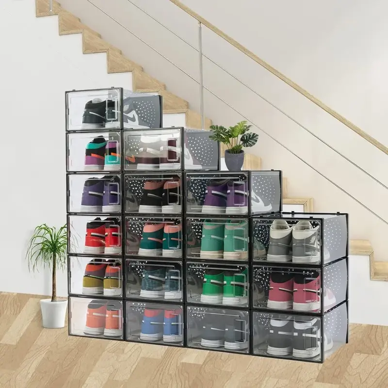 Caja organizadora de zapatos transparente apilable para ahorrar espacio, almacenamiento plegable para caja de zapatos de gran tamaño