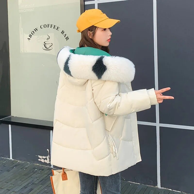 2023 New Fashion Winter Fur Collar Hooded Parkas Women Jacket Thick Warm Cotton Padded Parka Outerwear Overcoat Female Jacket