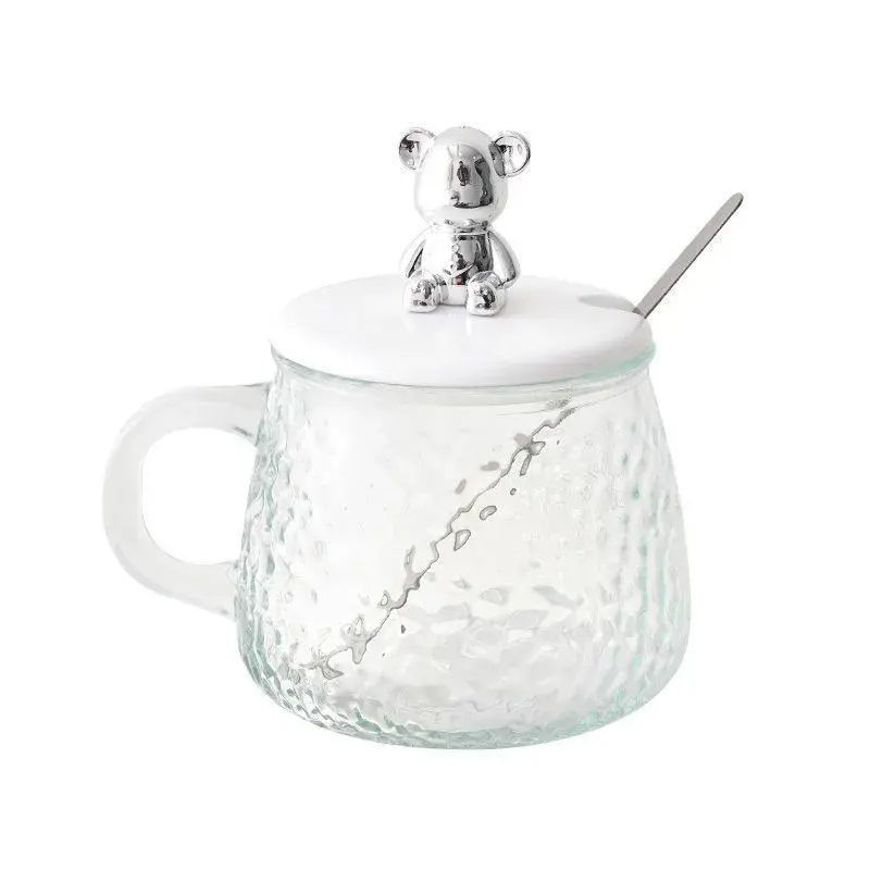 Taza de vidrio con estampado de glaciar con cuchara de tapa, taza de té doméstica de alta apariencia, taza de agua, taza de vidrio de oso