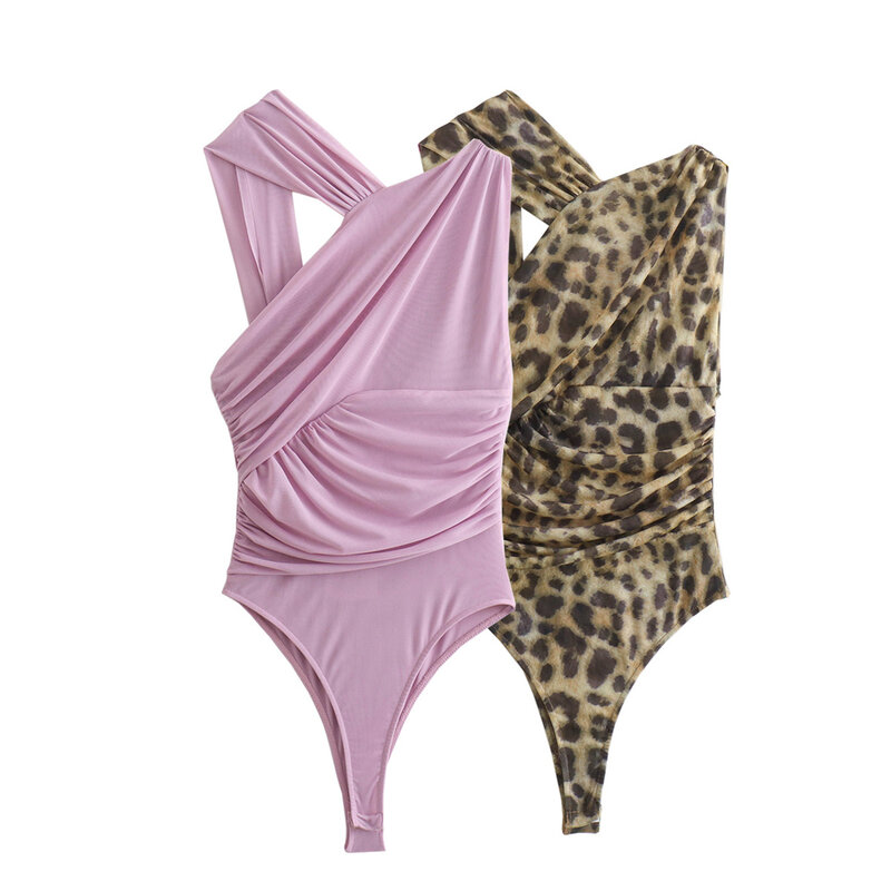 Bodysuit feminino irregular vintage de leopardo, bodysuit justo de férias, roupas chiques femininas, moda feminina, 2024