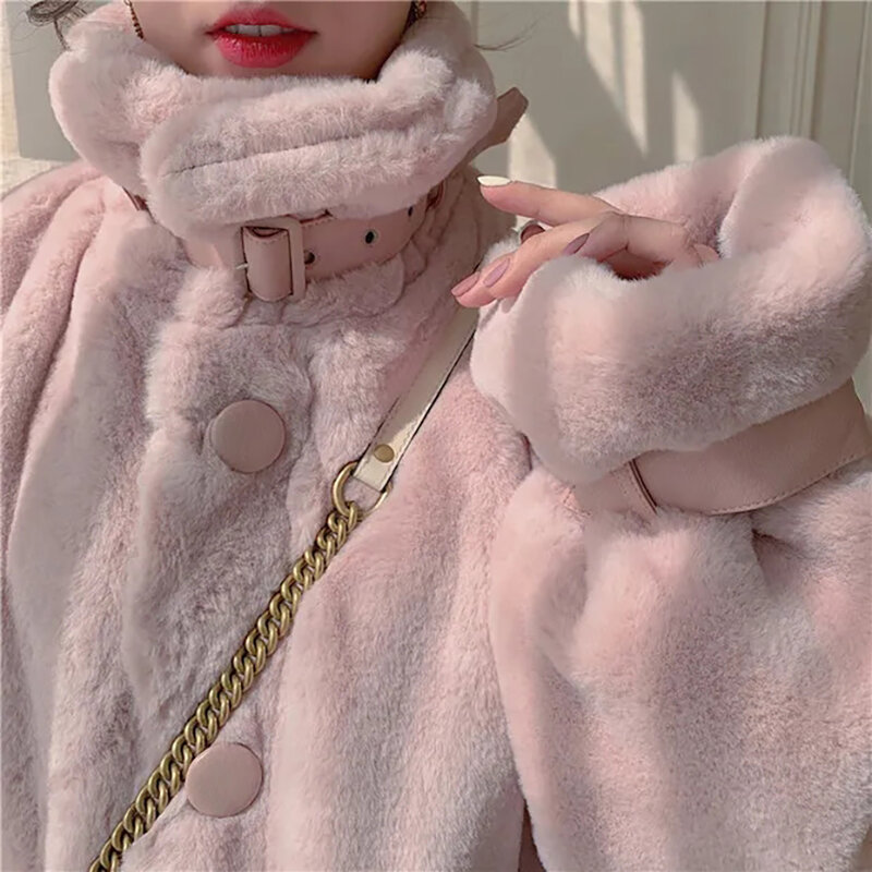 Jesienna zimowa kurtka z imitacji futra ciepła kurtka koreańska solidna słodka jednorzędowa płaszcz z kieszeniami damska moda różowa biała parka