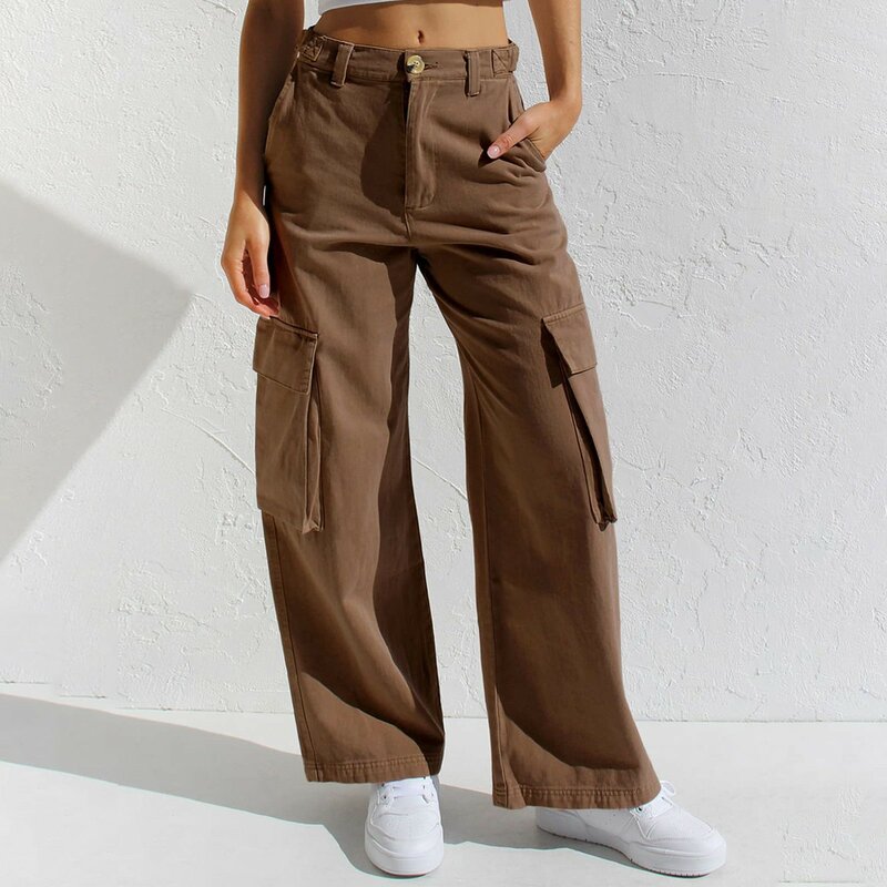 Celana Jeans kerja wanita, celana Denim kaki lurus longgar kasual modis banyak saku warna polos