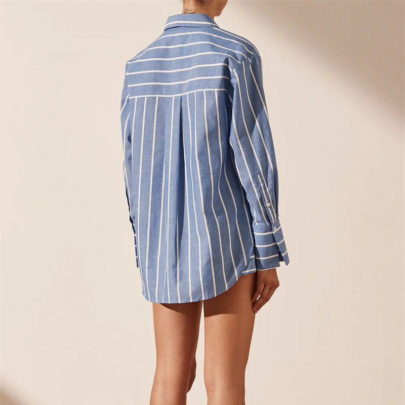 Striped Long Sleeve Turn Down Collar Button Cotton Long Shirts Tops and Shorts Summer Women Clothing Loose Casual Two Pieces Set