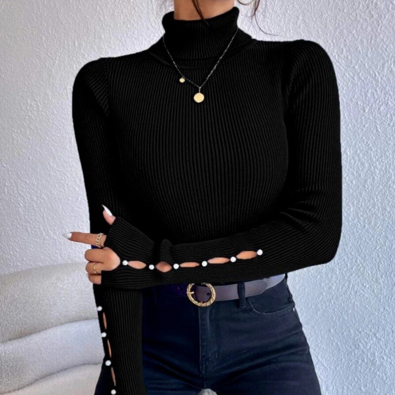 Fashion Turtleneck Pullover Sweater Autumn Thicken Winter Sexy Casual Hollow Out Button Soft Tops Slim Pull Female Jumpers 29304