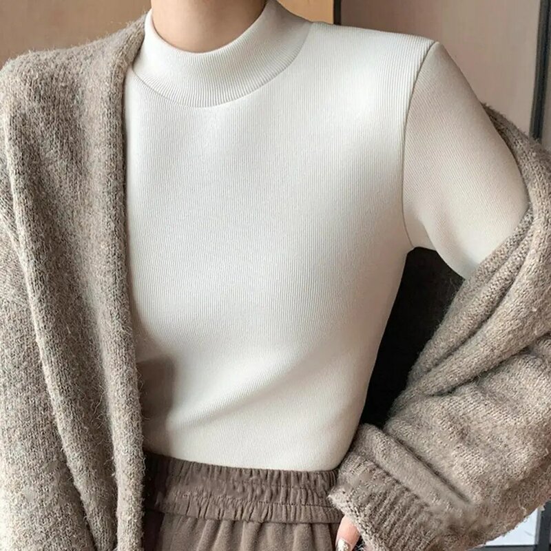 Atasan Wanita Regular-fit, atasan termal elegan tebal beludru bergaris musim dingin Sweater Slim Fit rajut Jumper dengan setengah tinggi