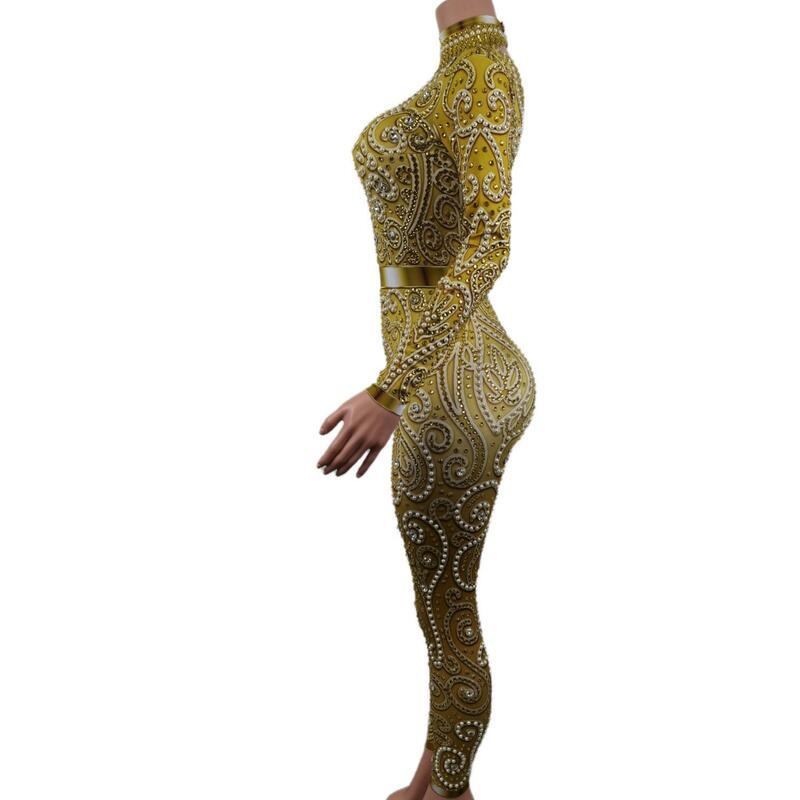 Sexy Sprankelende Steentjes Gouden Spandex Jumpsuit Lange Mouwen Verjaardagsfeestje Outfit Danseres Zangeres Show Rompertjes Podiumkleding Quanquan