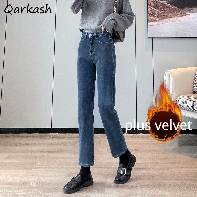Proste dżinsy kobiety jesień zima nowo koreańska moda Plus aksamitne Jean Y2k wszystkie dopasowane ubrania Streetwear proste Harajuku na zimno