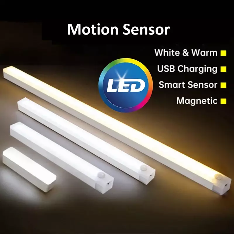 PIR Motion Sensor LED Under Cabinet Lamp Dimmable Rechargeable Night Light Stairs Closet Room Aisle Tube Bar Detector Bulb