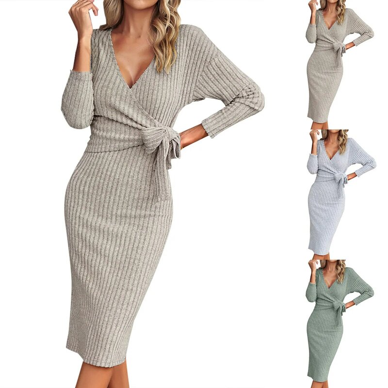 Womens Casual And Comfortable V Neck Long Sleeve Knit Tie Waist Sweater Dress Active Dress Short Sleeve Loose T Shirt Dress
