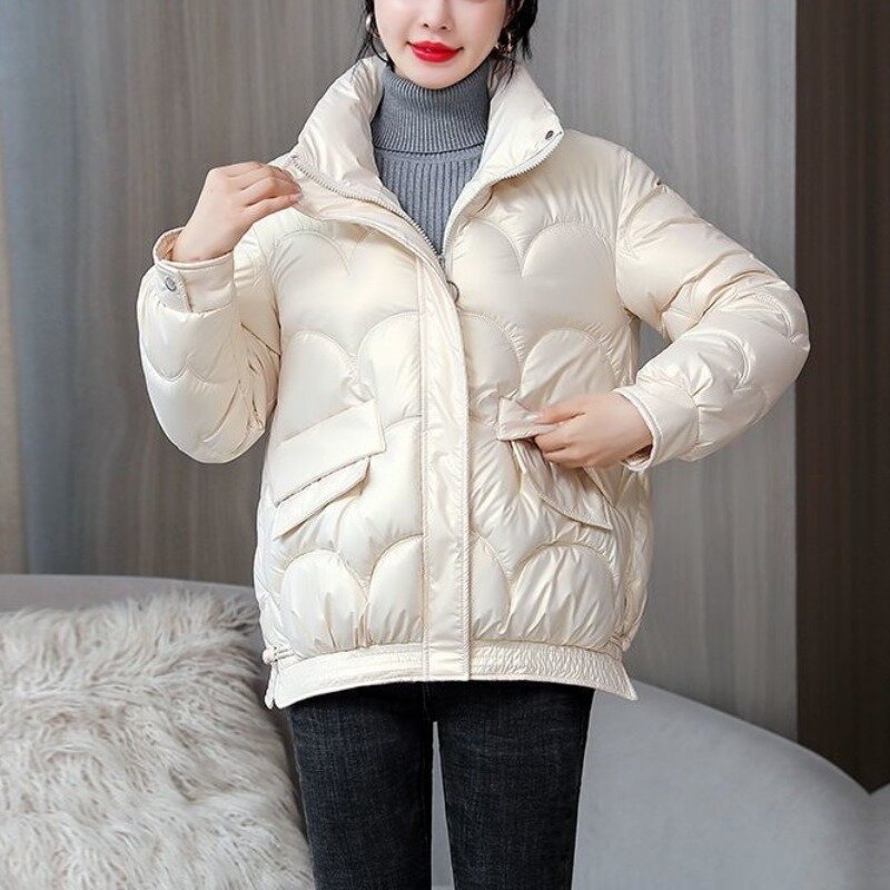 Women's Autumn Winter New Fashion Elegant Solid Neck Zipper Button Pocket Casual Versatile Long Sleeve Loose Cotton Short Coat