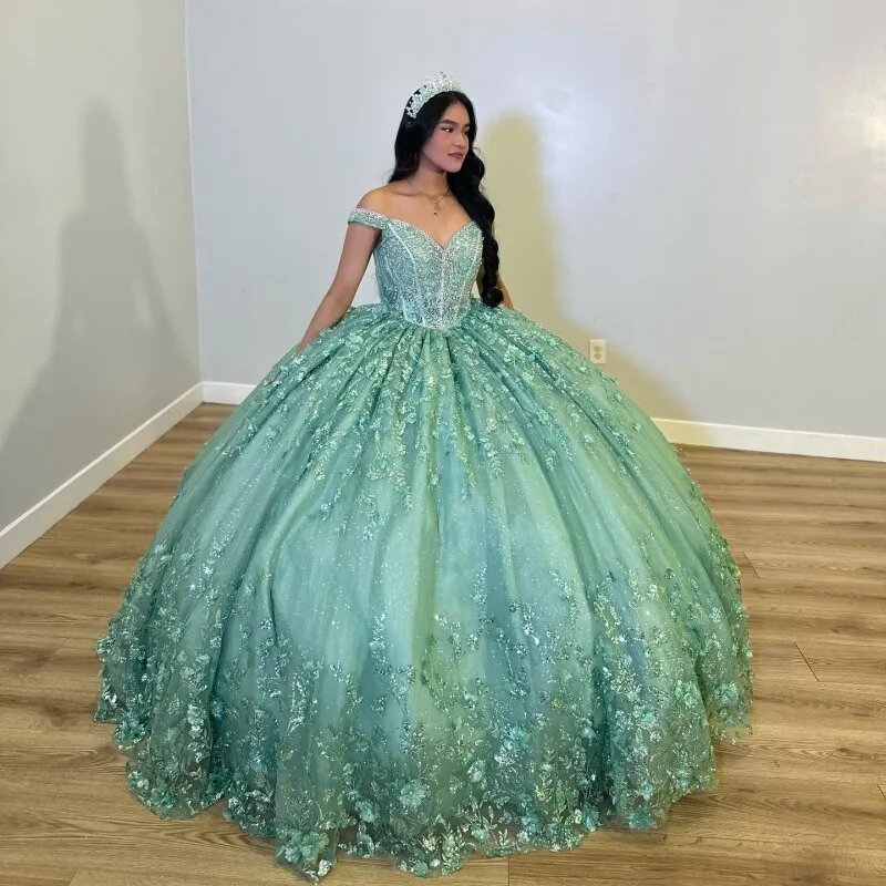 Vestidos de Quinceañera de princesa Verde menta, vestido de baile sin hombros, apliques dulces 16, 15 Años, mexicano