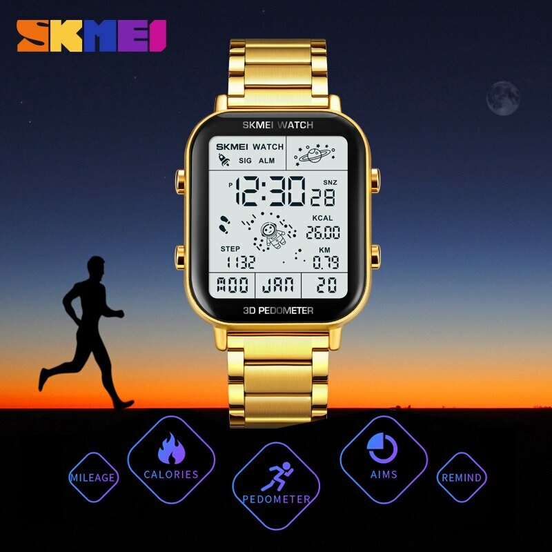 Skmeiバックライトディスプレイスポーツ歩数計デジタル時計メンズストップウォッチカウントダウン腕時計カレンダーカロリー計算時計