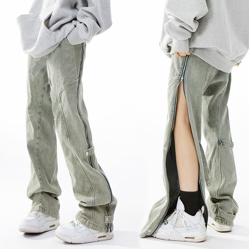 Summer yellow mud-colored niche made old washed side zipper jeans for men and women new straight slim mopping trousers