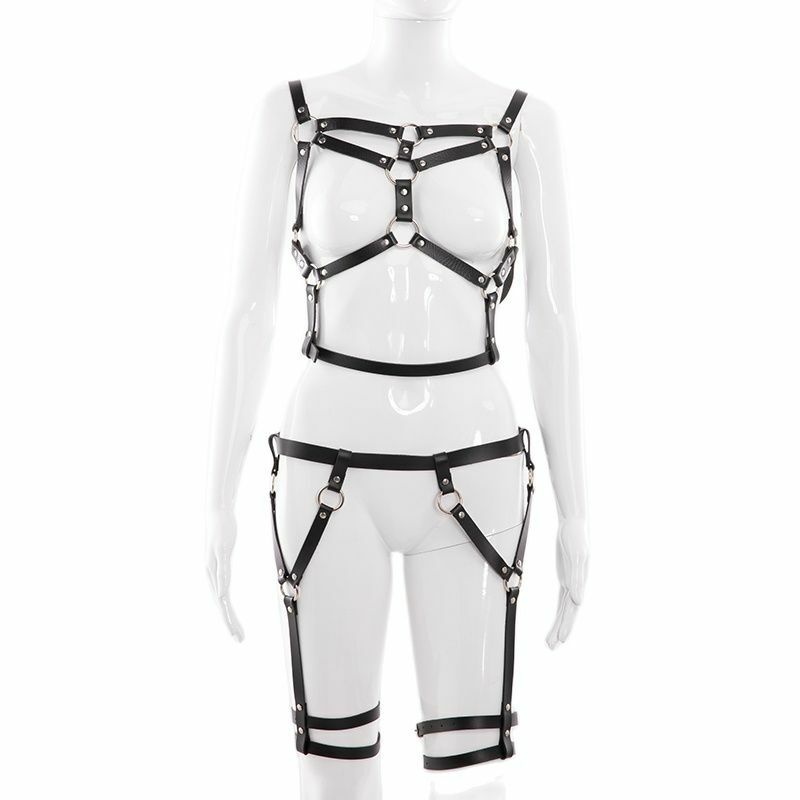 Black Leather Garter Set para Lady, Sexy Harness, Bra Cage, suspensórios ajustáveis, cintos, rebite de metal, Clubwear, 2 pcs, venda quente