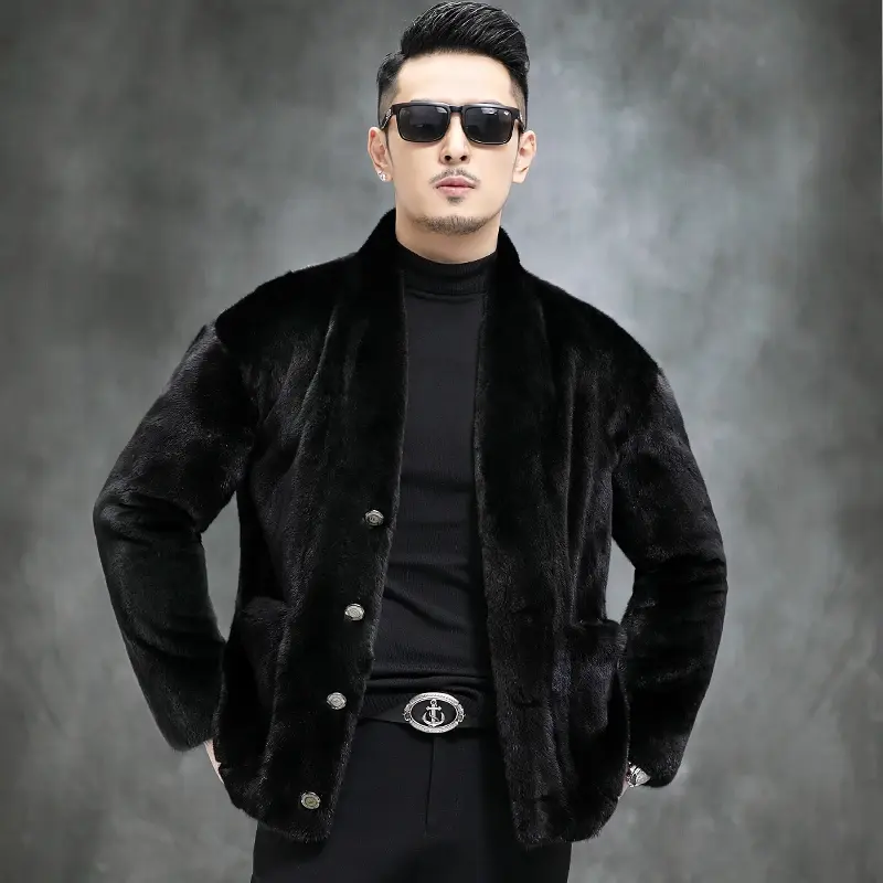 AYUNSUE-abrigos de piel de visón Real para hombre, chaquetas de invierno, abrigo de piel de visón cálido, bolsillos con cuello en V, chaqueta de piel de visón de gama alta, 2022, SGG860