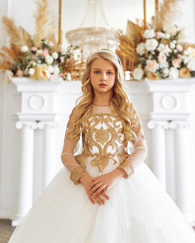 FATAPAESE Luxus Prinzessin Ball Kleider für Kinder Blumen Mädchen Kleider Goldene Appqulies Langarm Maxi Kleid Satin Kathedrale Zug