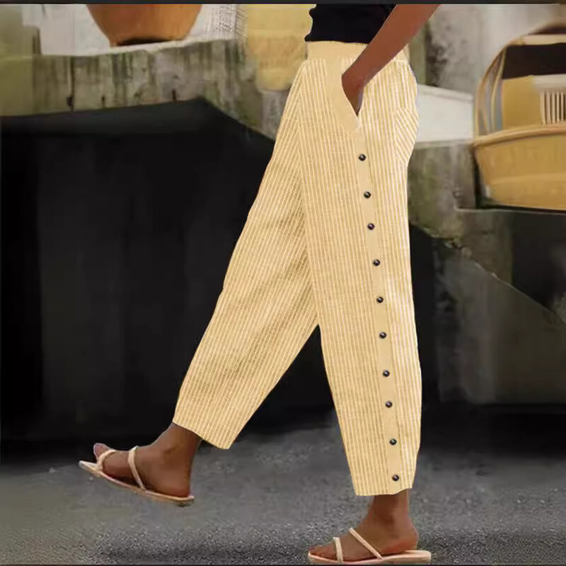 Pantalones con estampado a rayas para mujer, pantalón con botones y cintura elástica, de nueve puntos, con bolsillo, informal, de verano