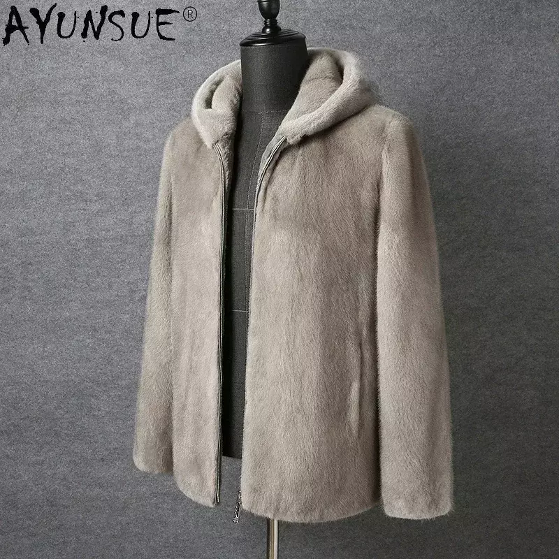 AYUNSUE-casaco de pele vison genuíno para homens, casacos com capuz, casacos luxuosos, top de pele natural, inverno